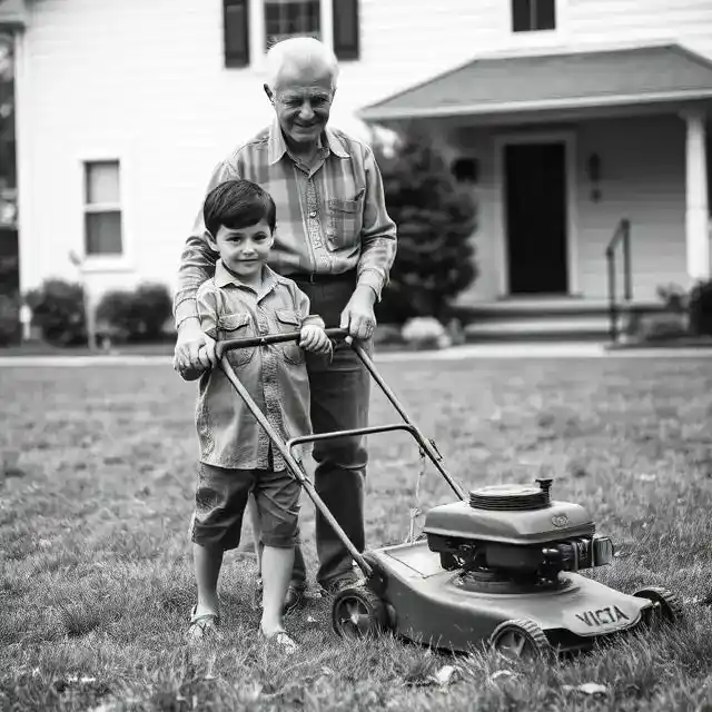 Father and grandfather standing in a garden — the roots of My Lawn