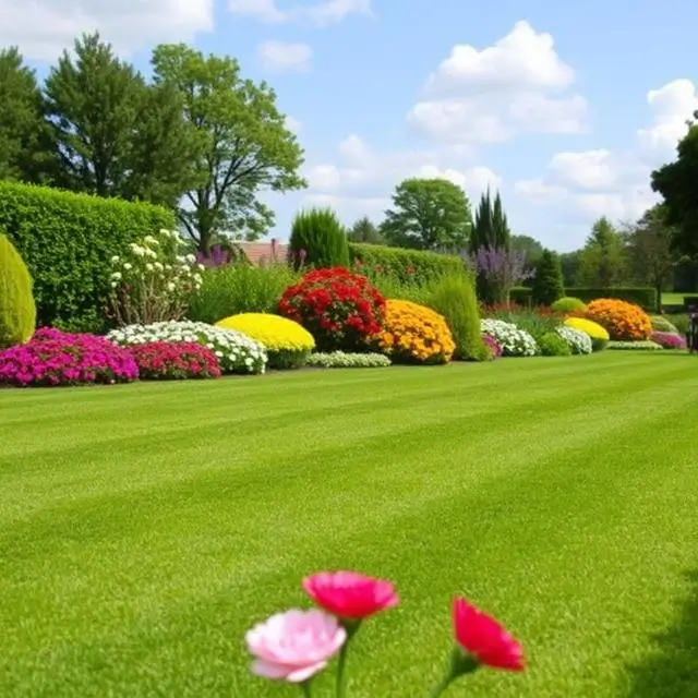 Perfectly manicured green lawn bordered by colourful garden beds and trimmed hedges in full bloom